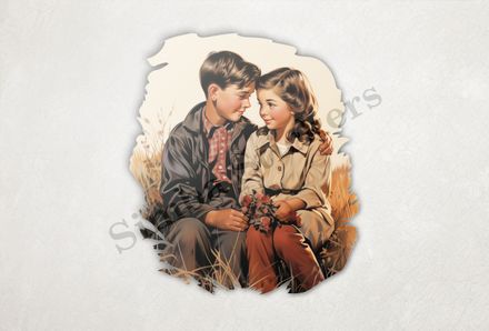 Boy and girl sitting, girl holding flowers