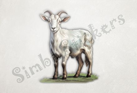 White goat look standing on green patch