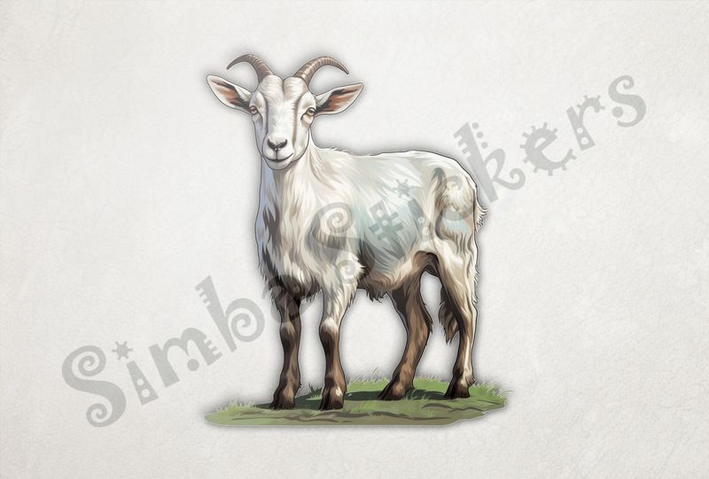 White goat look standing on green patch