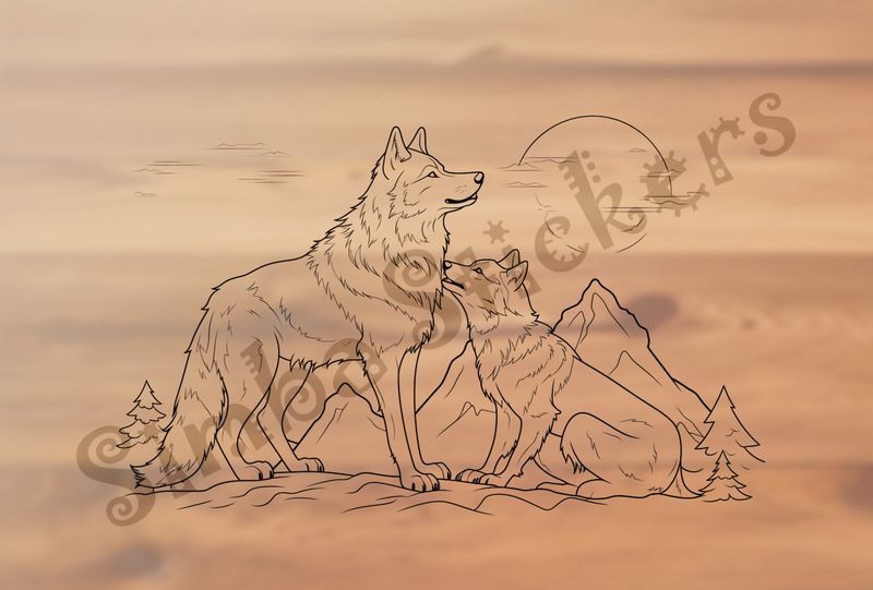 Wolves nose-to-nose under bright moon, outline art