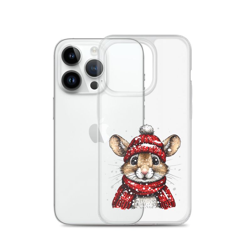 Clear Case for iPhone, Mouse wearing red winter hat and scarf in the snow, xg8dl3