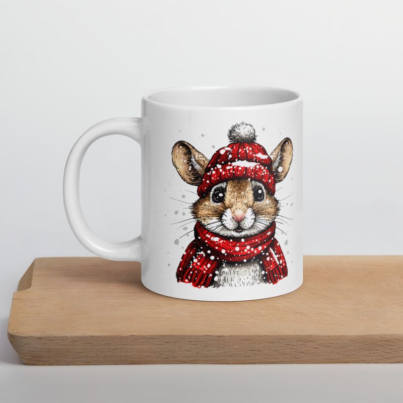 White Glossy Mug, 20oz, Mouse wearing red winter hat and scarf in the snow, xg8dl3