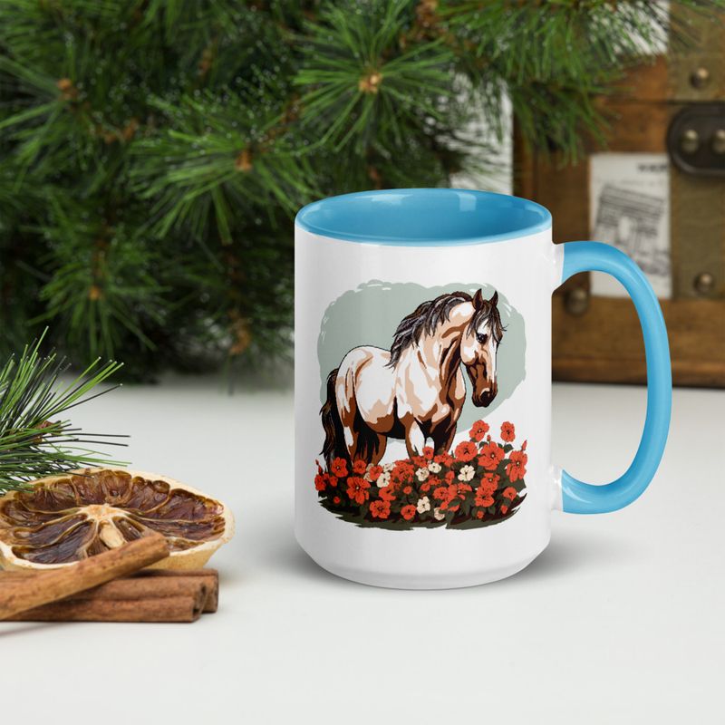 White Ceramic Mug with Color Inside, 11&amp;15oz, Brown horse in field of red flowers, n4w2fj