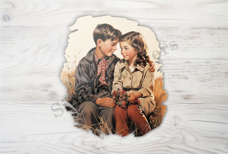 Boy and girl sitting, girl holding flowers