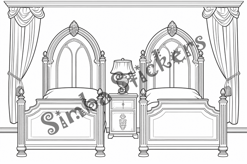 Colouring pages, bundle of house bedrooms, 25 images