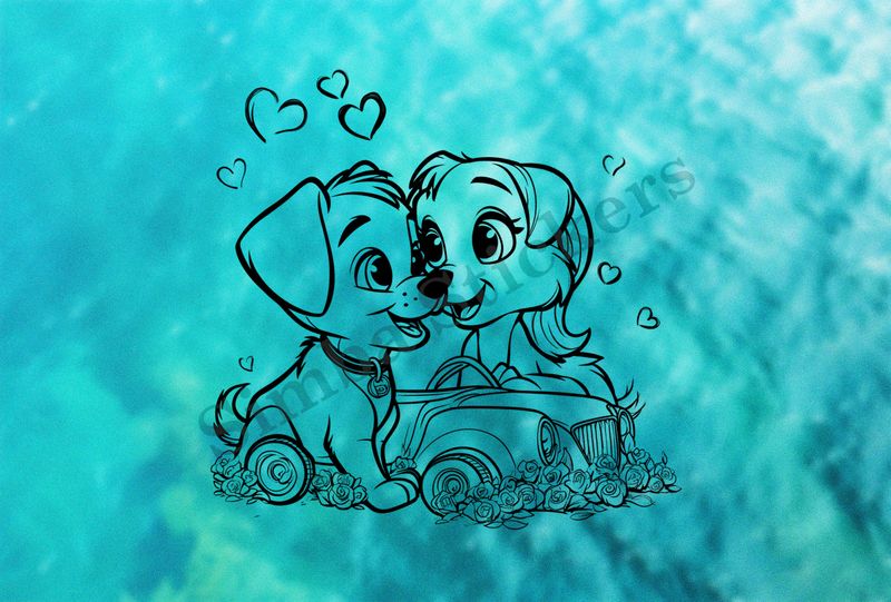 Dogs in love sitting over classic sports car toy, outline art