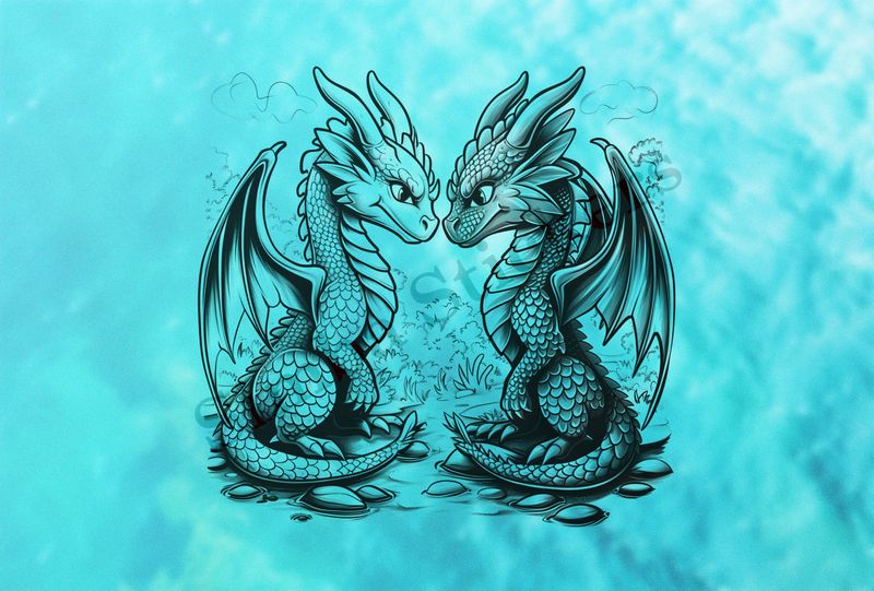 Baby dragons nose-to-nose in love, wings slightly extended, outline art
