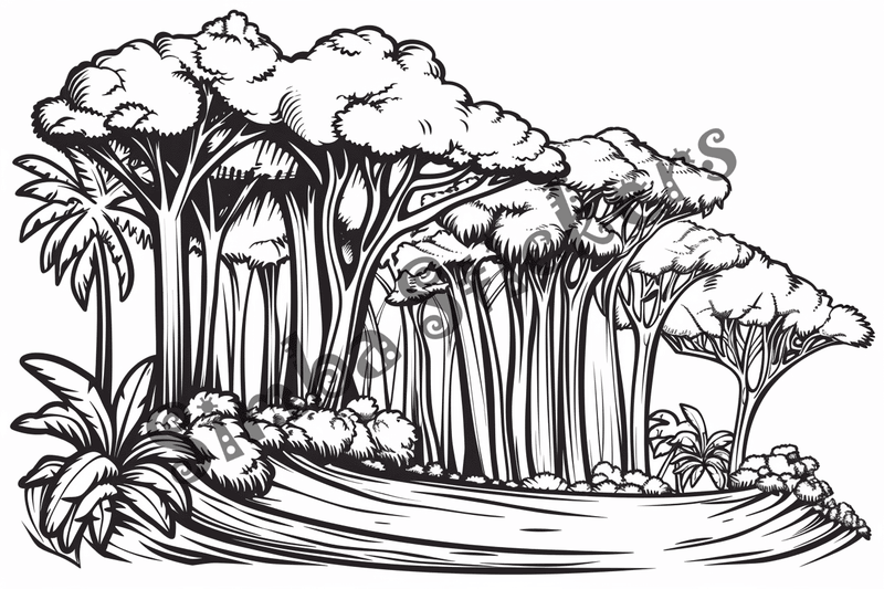 Colouring pages, bundle of Equatorial Rainforest landscape, 25 images