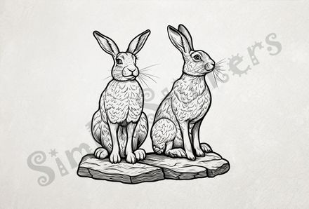 Hares standing on rocks, outline art