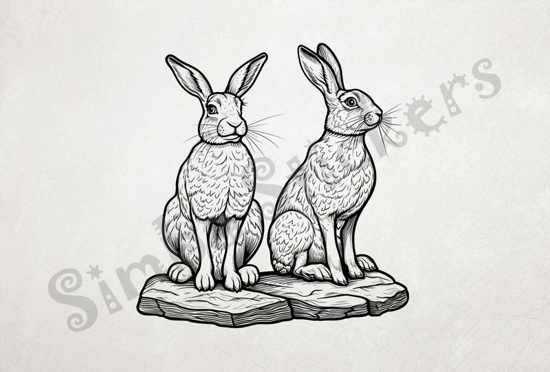 Hares standing on rocks, outline art