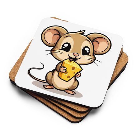 Cork-Back Coaster, Small Mouse happily licking large chunk of cheese, pqapy6, mirrorred