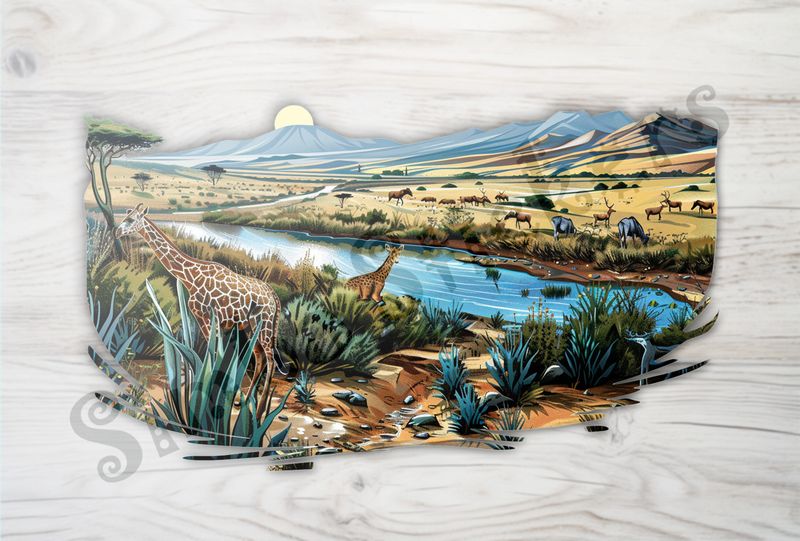 African Savanna landscape, with animals by river