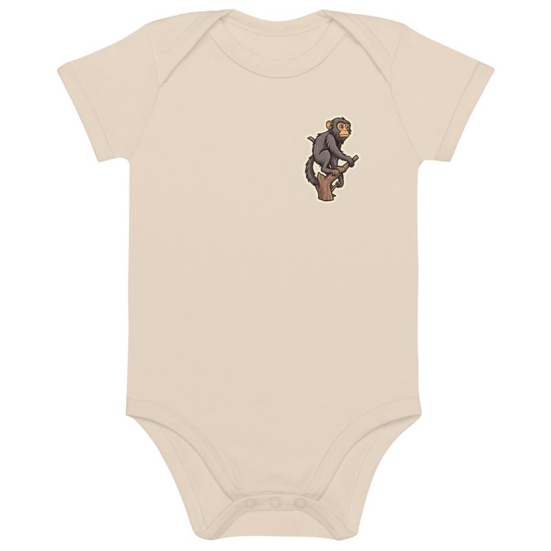 Organic Cotton Baby Bodysuit, 3-18 months, Baboon on a tree, looking sad, left chest