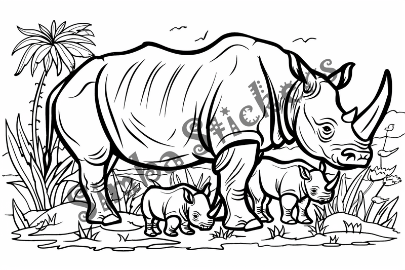 Colouring pages, bundle of rhinos, 25 images