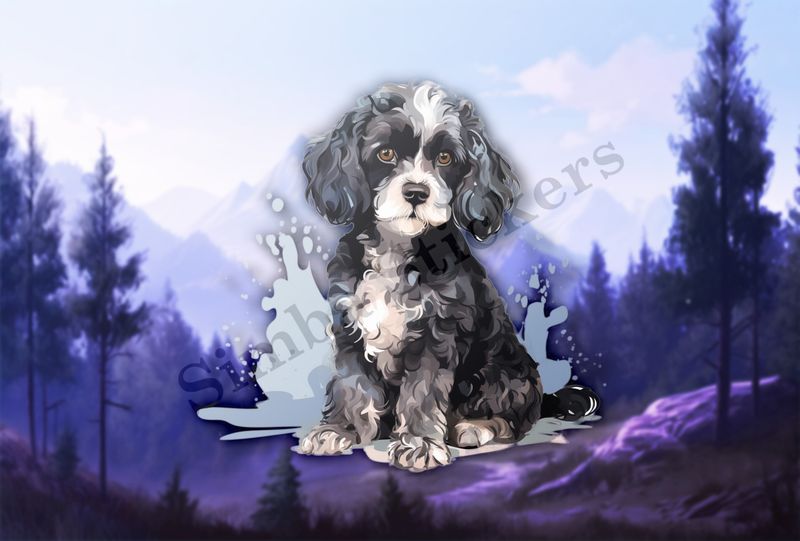 Black and white Cookapoo dog, watercolour