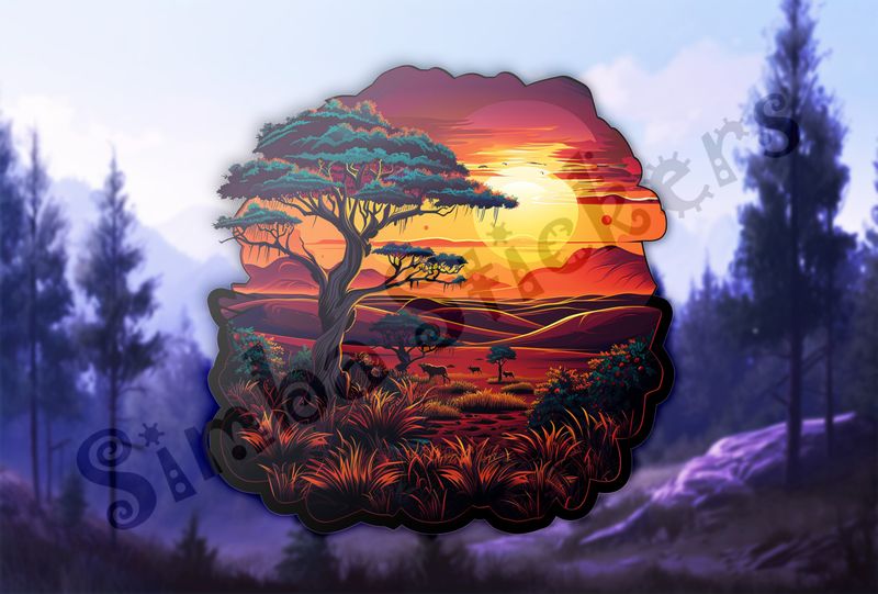 African Savanna landscape, under red sunset