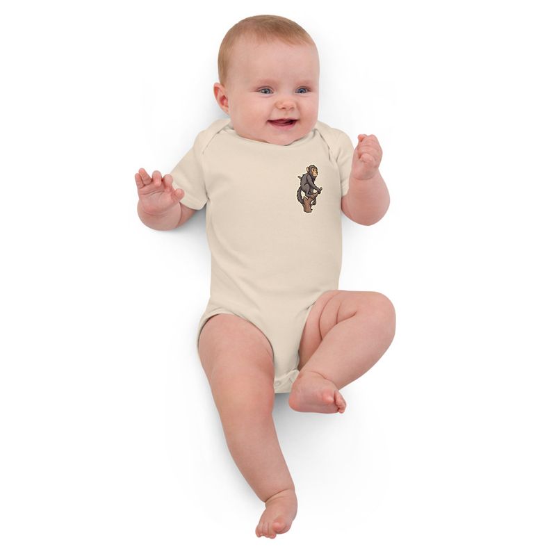 Organic Cotton Baby Bodysuit, 3-18 months, Baboon on a tree, looking sad, left chest