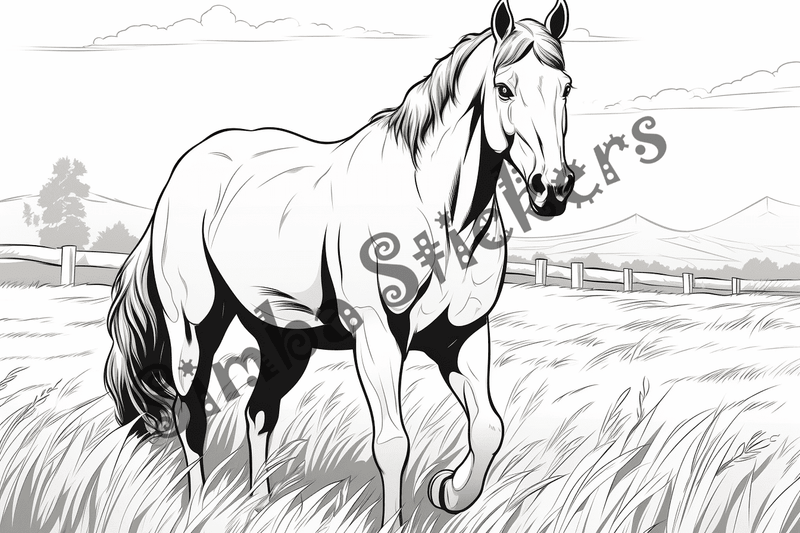 Colouring pages, bundle of horses on grass, 10 images