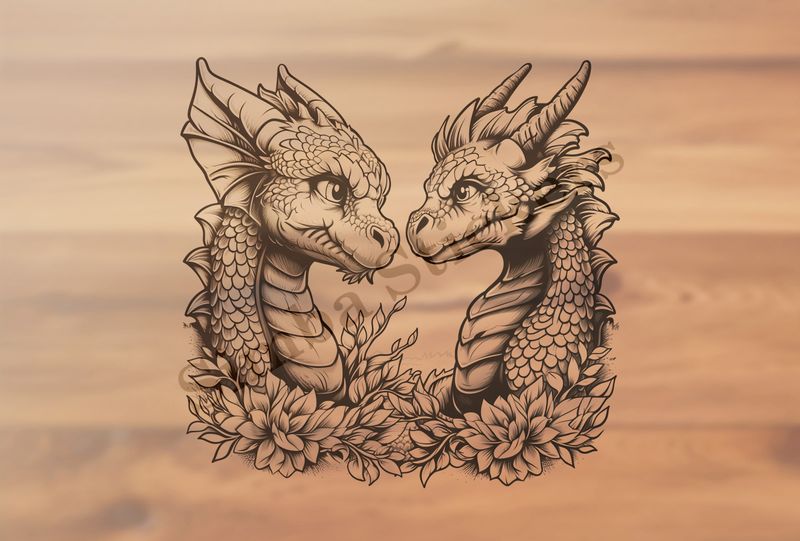 Baby dragons nose-to-nose in love, many flowers, outline art
