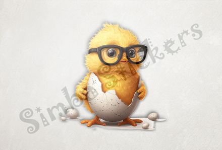 Chick in glasses still in eggshell on hatchday