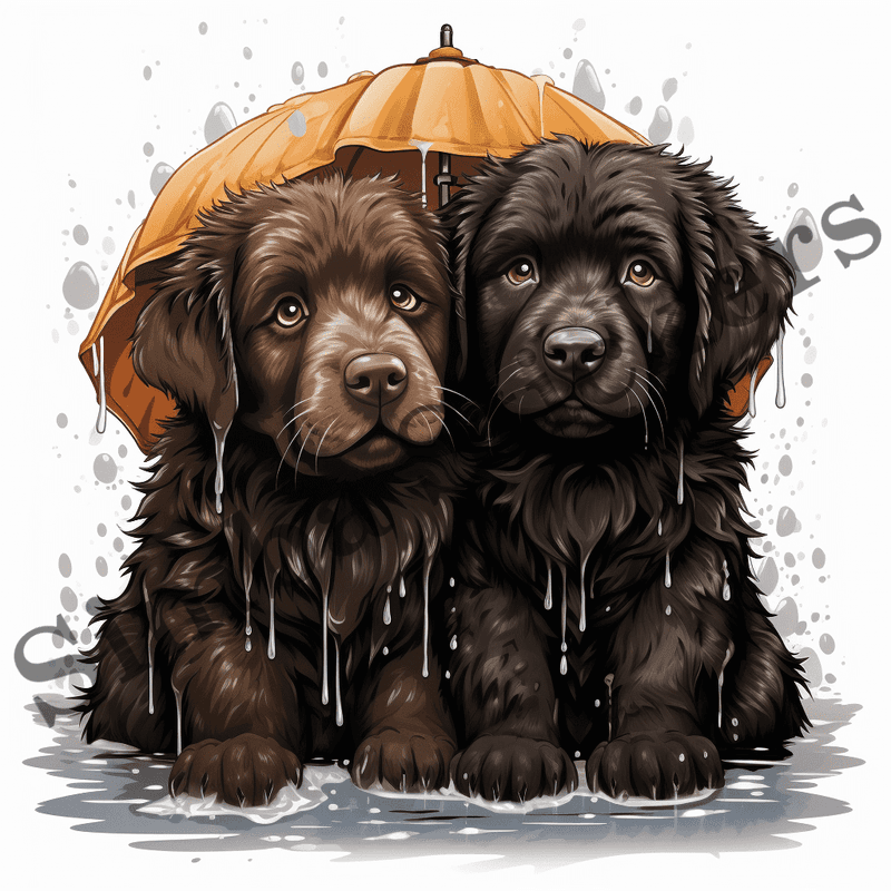 Newfoundland dogs wet in the rain, watercolour, image set, 10 images