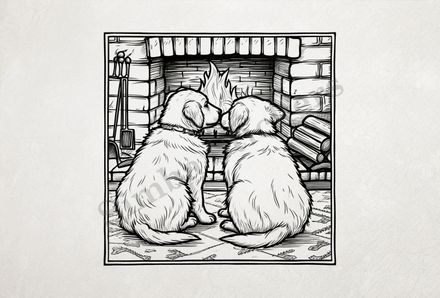 Dogs cuddling by a fireplace, from behind, outline art