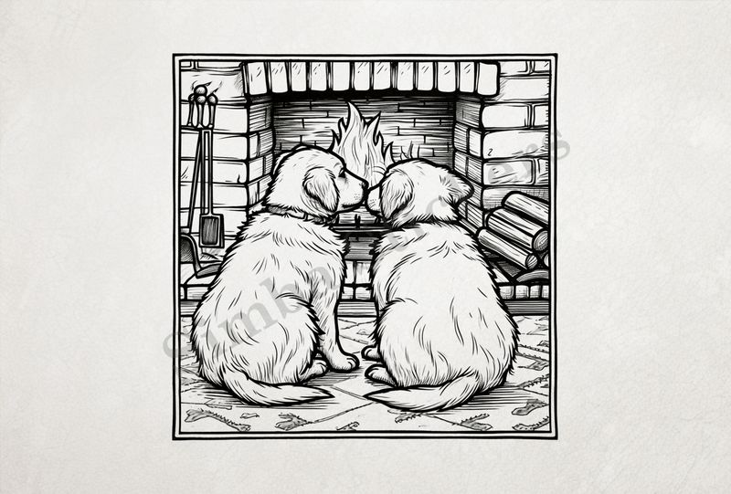 Dogs cuddling by a fireplace, from behind, outline art