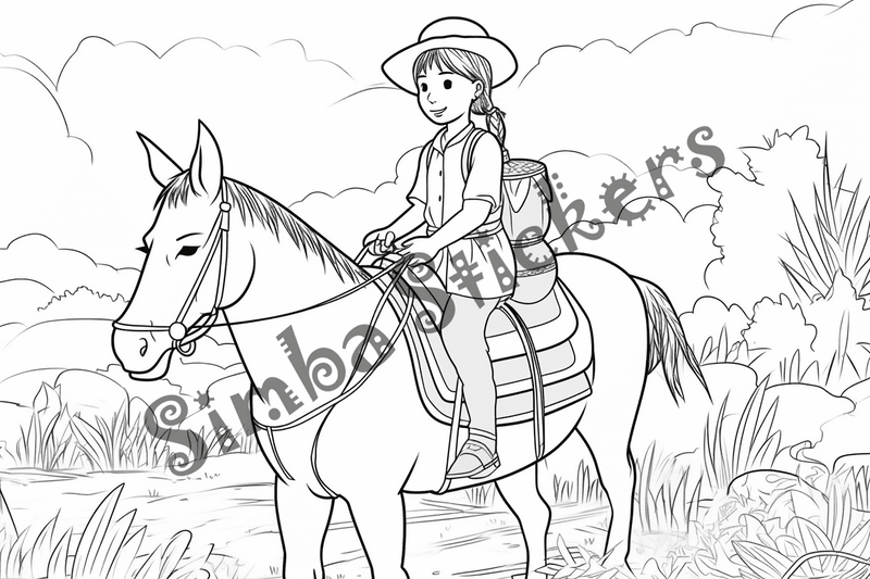 Colouring pages, bundle of mules carrying passengers, 10 images