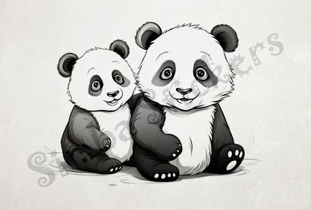 Two panda bear cubs sitting, outline art, 4bvxyc