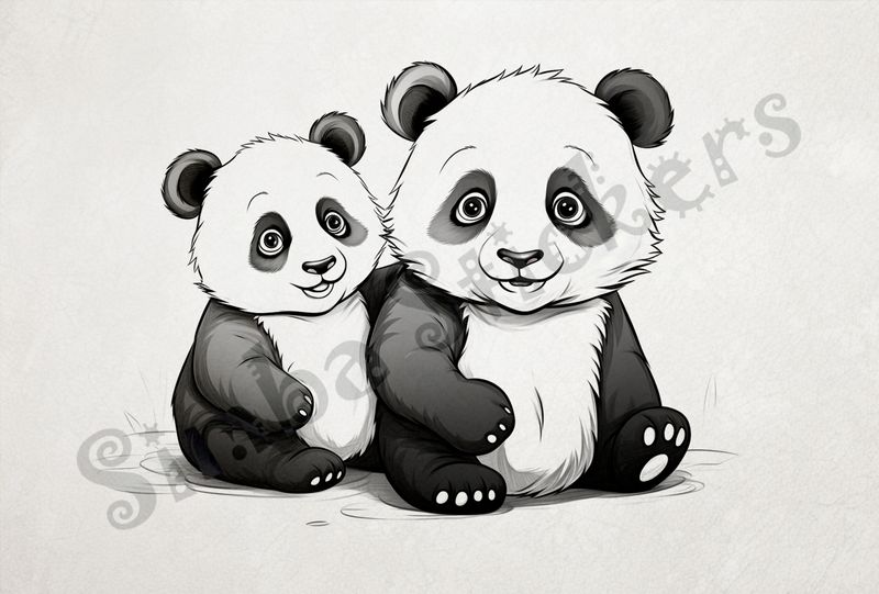 Two panda bear cubs sitting, outline art, 4bvxyc