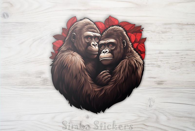Gorillas in love arm-in-arm in red flowers, 9cczp5