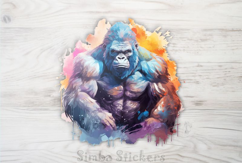 Muscular gorilla staring fiercely, watercolour, 6kz1ti