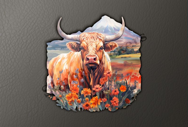 Bull in a field of flowers, mountain in background, watercolour
