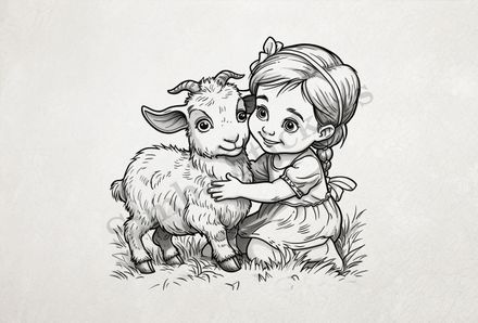 Goat kid hugged by small girl with braided hair and bow, outline art