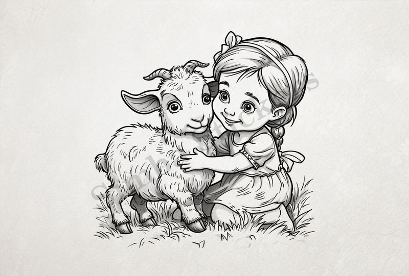Goat kid hugged by small girl with braided hair and bow, outline art