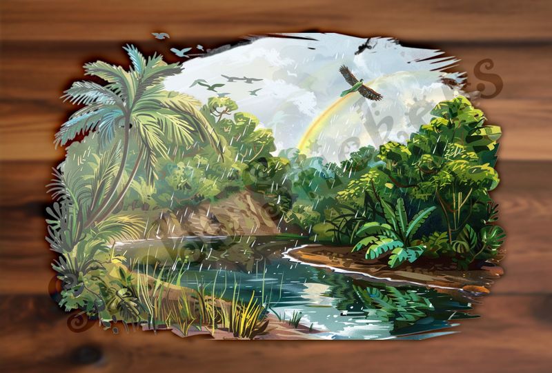 Equatorial Rainforest under the rainbow, with flowing river