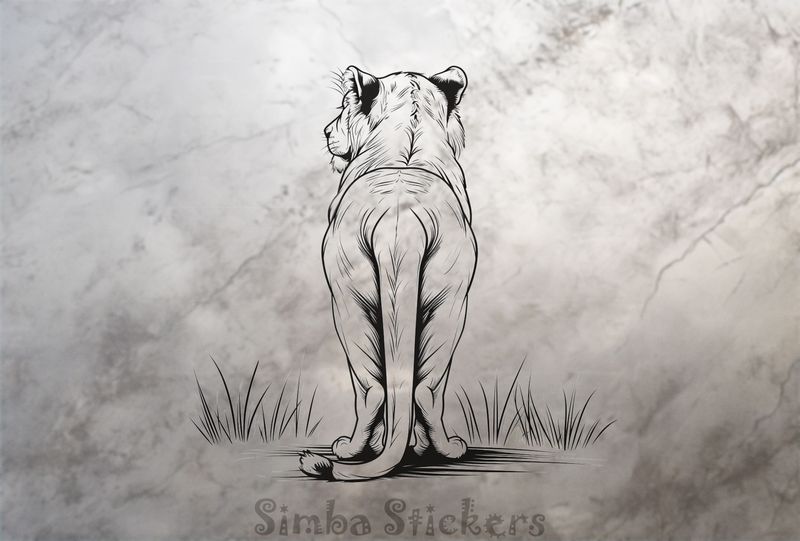 Lioness dragging tail on the ground, from the back, outline art, z1kslu