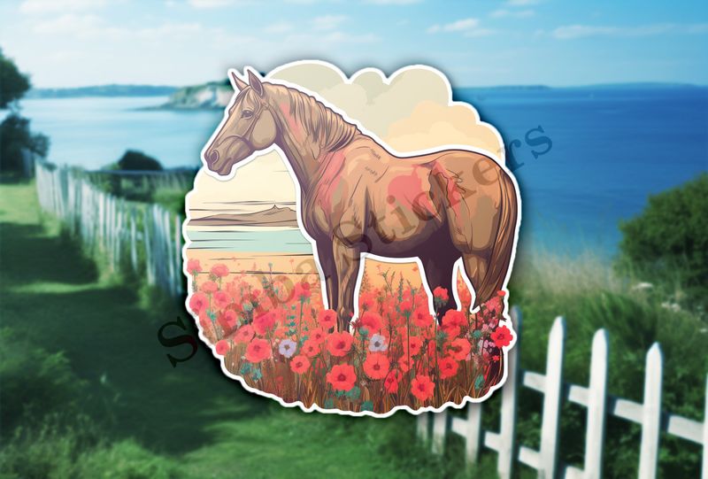 Brown horse behind red flowers