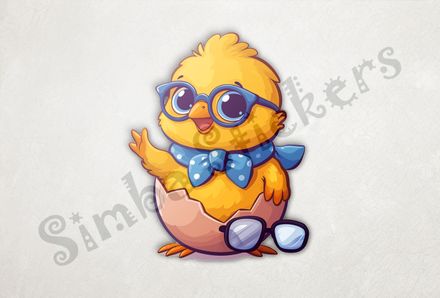Chick in glasses and bowtie waving, spare glasses on floor