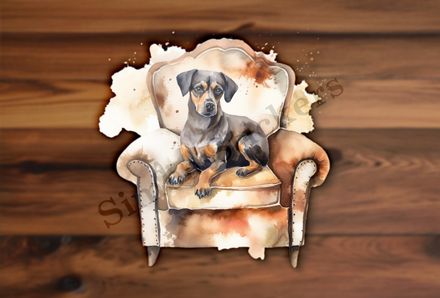 Dog sitting in armchair, watercolour