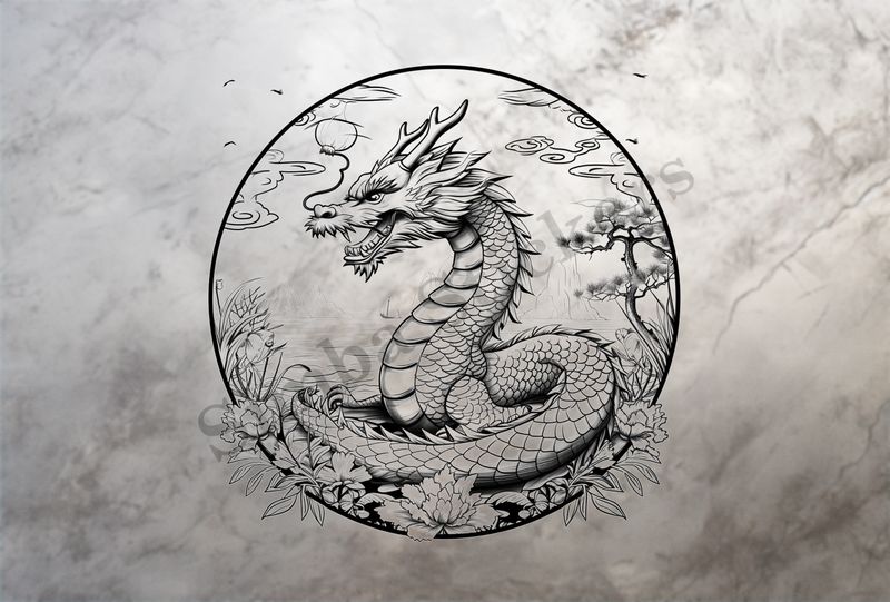 Chinese dragon on the edge of the sea, outline art