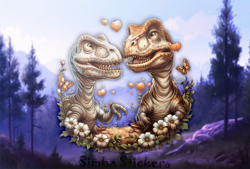Dinosaurs in love, butterfly flying, flowery foreground, watercolour