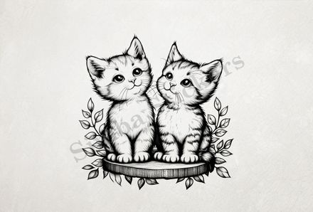 Cats on wooden stand, romantic, outline art