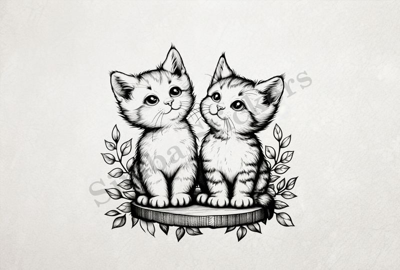 Cats on wooden stand, romantic, outline art
