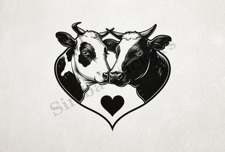 Bull and cow cheek-to-cheek, heart in picture, outline art