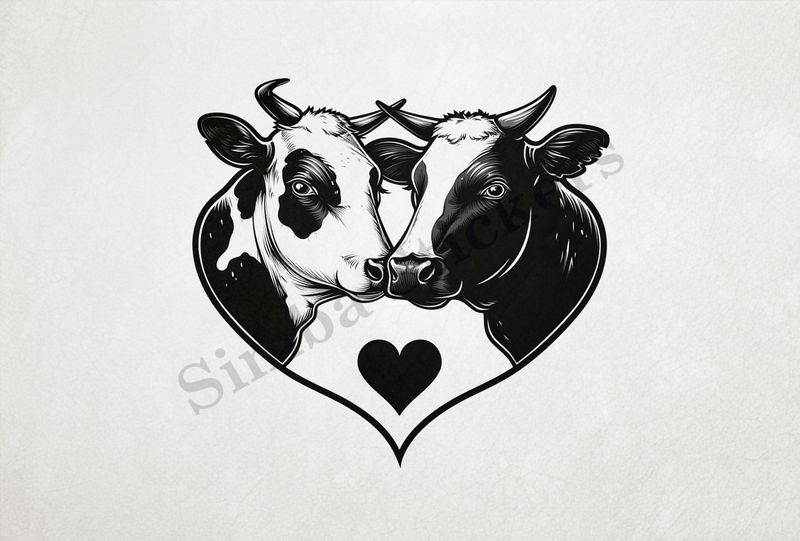 Bull and cow cheek-to-cheek, heart in picture, outline art