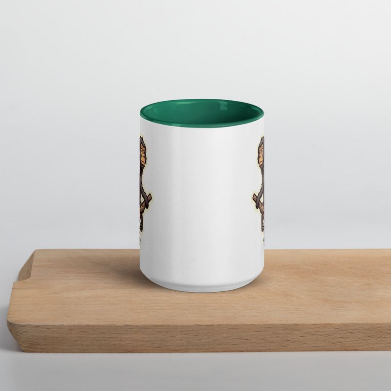 White Ceramic Mug with Color Inside, 11oz &amp; 15oz, Baboon on a tree, looking sad, head-to-head