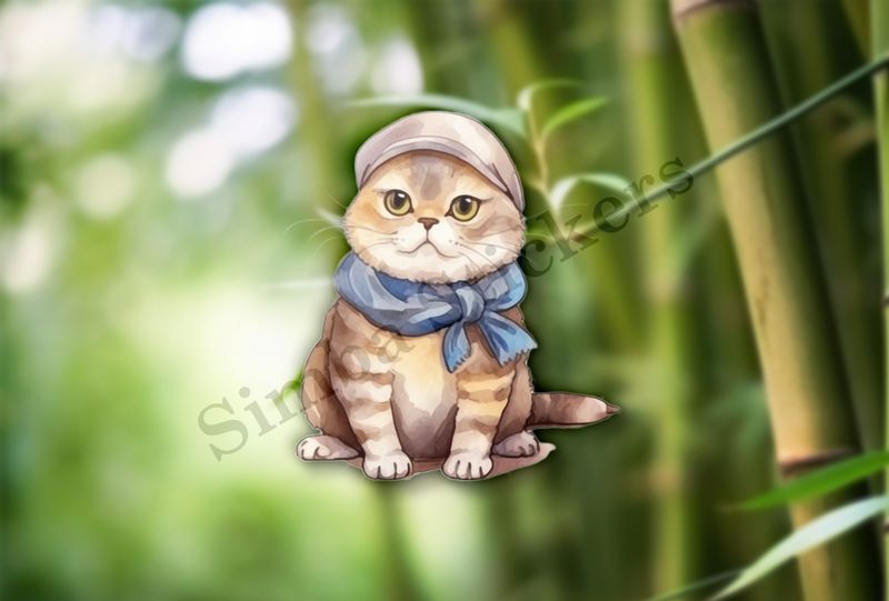 Scottish Fold cat with scarf, watercolour
