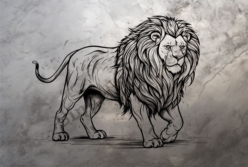 Lion walking majestically, outline art