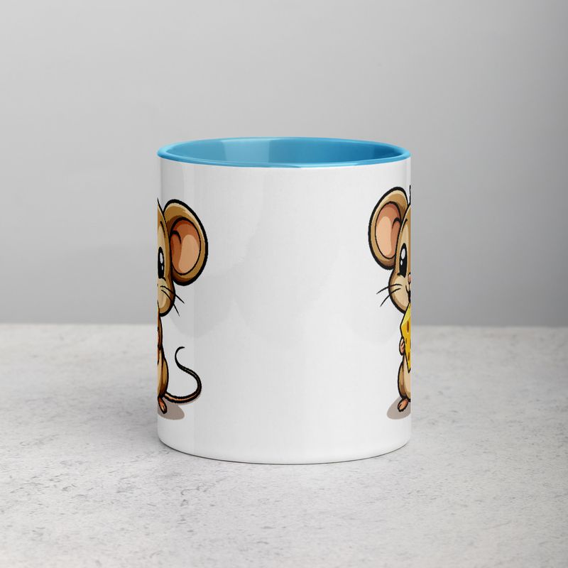 White Ceramic Mug with Color Inside,11&amp;15oz,Small Mouse happily licking large chunk of cheese,pqapy6